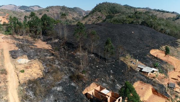 O fogo se espalhou na vegetação e chegou perto das casas. O Corpo de Bombeiros foi quem combateu as chamas