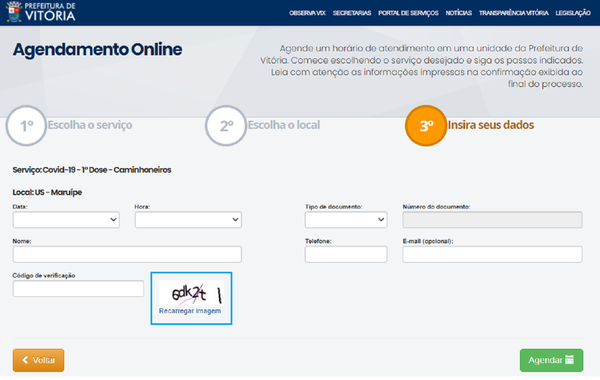 Vitória adota captcha manual para impedir ação de robôs em agendamento