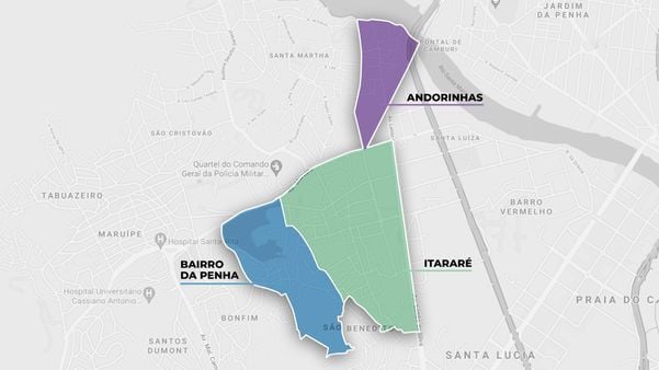 Mapa mostra a localização dos bairros da Penha, Andorinhas e Itararé, em Vitória