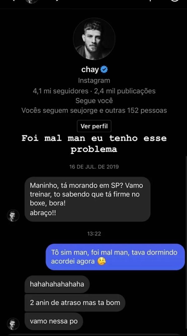 Chay Suede recebeu resposta de Whindersson Nunes dois anos após enviar mensagem