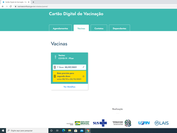 Pronto! Depois de feito o cadastro e concluído o acesso, o site mostra a data da primeira dose e a data em que pode ser marcada a segunda