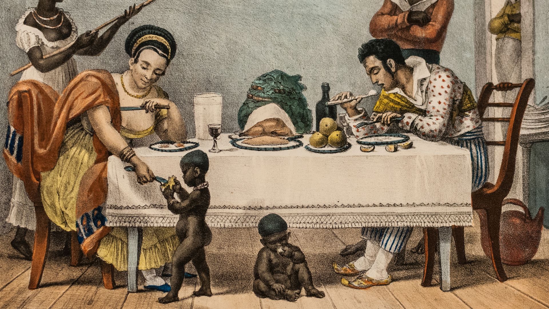 Uma família brasileira do século XIX sendo servida por escravos, quadro de Jean-Baptiste Debret (1830)
