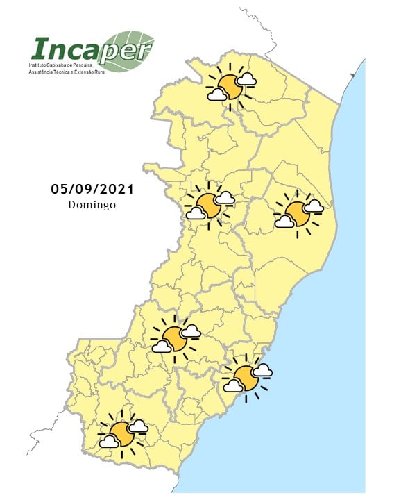 Mapa da previsão do tempo para este domingo (5) no Espírito Santo