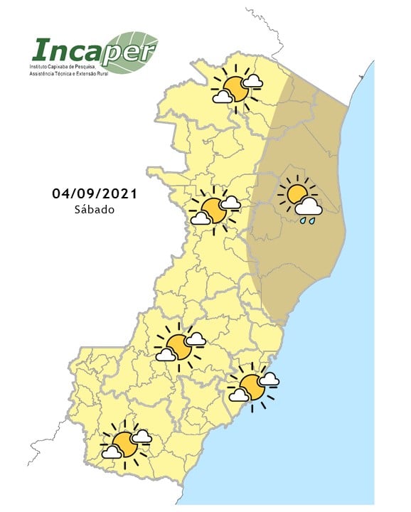 Mapa da previsão do tempo para este sábado (4) no Espírito Santo