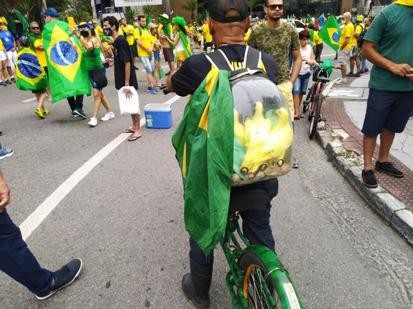Manifestante carrega em mochila pombas pintadas de verde e amarelo, em Vila Velha