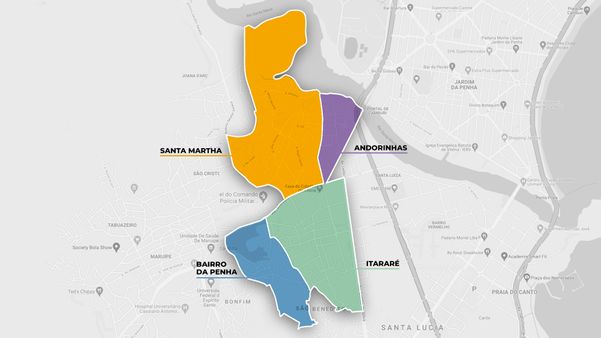 Mapa mostra a proximidade de Santa Martha com Bairro da Penha, Andorinhas e Itararé