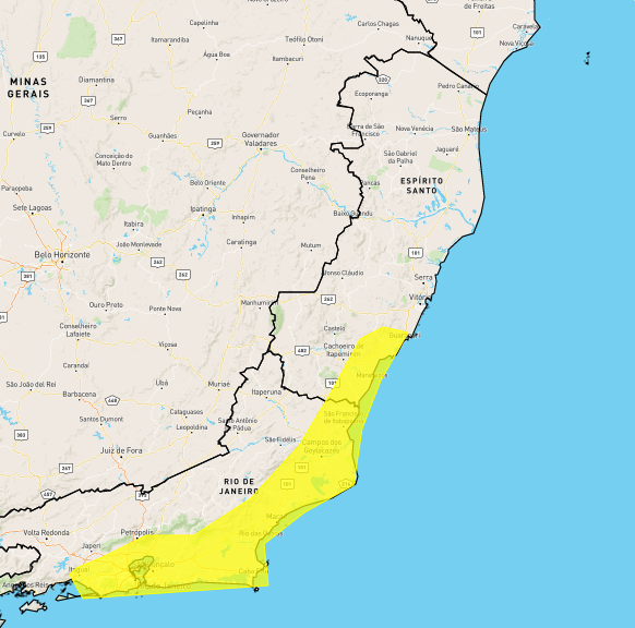 Alerta de ventos fortes vai do Rio de Janeiro até o Sul do Espírito Santo
