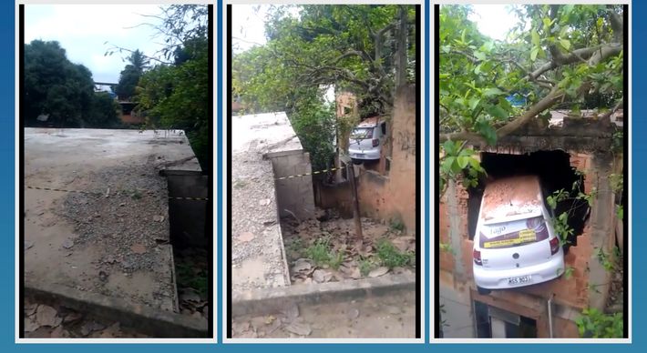 Condutor disse que o carro perdeu o freio. Veículo acabou passando por cima de uma laje na altura da rua e atingiu a parede da oficina nesta quarta-feira (15)