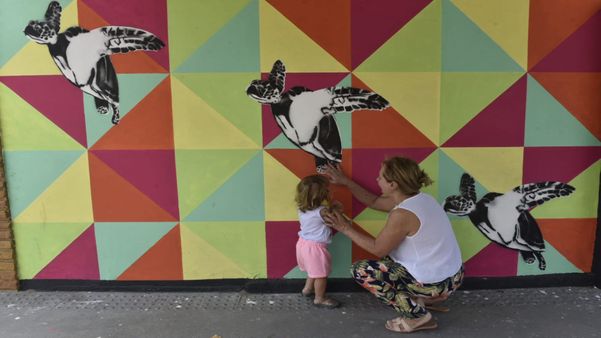 Fotos mostram muros, placas e outras estruturas cobertas por artes coloridas com referências da região da Barra do Jucu, em Vila Velha