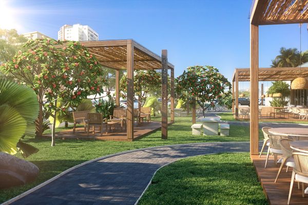 Praça de convivência é um dos espaços de lazer do Honfleur Maison  por Hanei Minoru/ Divulgação