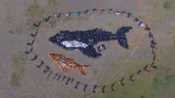 Mosaico feito com sacolas de lixo formou um filhote de baleia jubarte