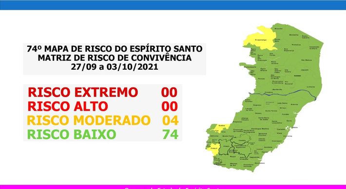 Ecoporanga, Irupi, Ibatiba e Guaçuí estão no risco moderado; classificação foi divulgada nesta sexta-feira (24) e vale a partir da próxima segunda (27)