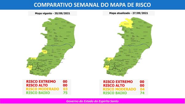 74º mapa de risco do Espírito Santo traz quatro municípios em risco moderado para a transmissão da Covid-19