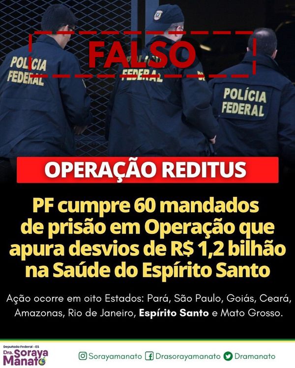 Publicação divulgada pela deputada federal Soraya Manato