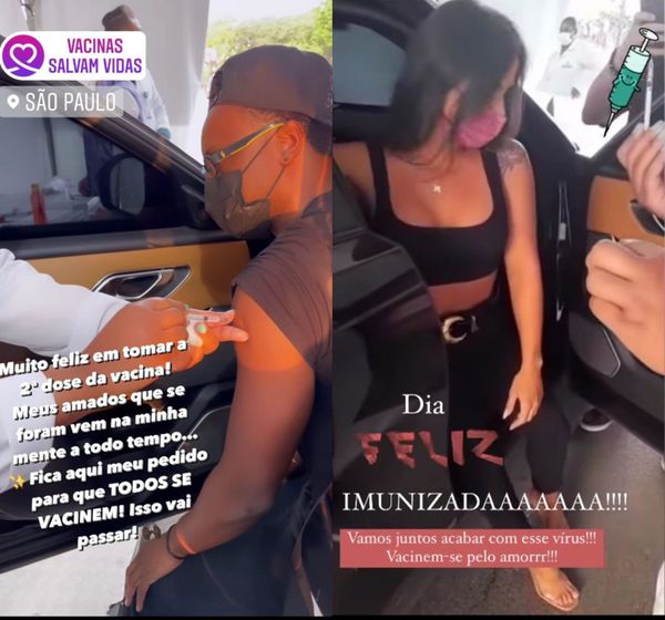 Thiaguinho e Carol Peixinho postaram fotos recebendo a vacina. Detalhes do carro chamaram atenção dos fãs para affair do cantor com a ex-BBB