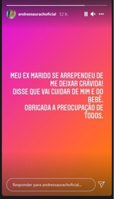 Ex-Miss Bumbum fala que está se reconciliando com o marido, pelas redes sociais. Crédito: Reprodução/ Instagram @andressaurachoficial