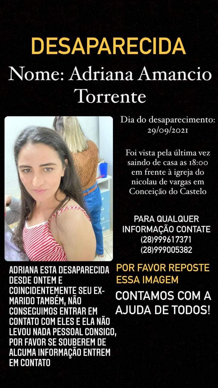 Adriana Torrente Moreira, de 39 anos, foi vista pela última vez na quarta-feira (29), em Conceição do Castelo. Crédito: Reprodução