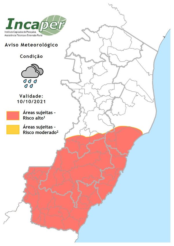  Áreas sujeitas ao Aviso Meteorológico para o dia 10 de outubro de 2021.