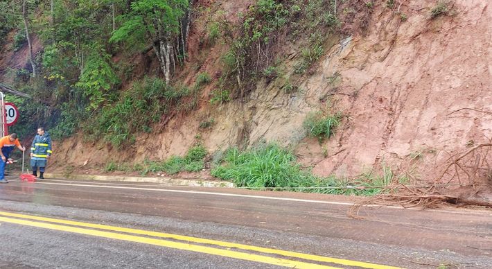 Chuva forte provocou desmoronamento de terra e queda de uma árvore no km 99 da BR 482, em Guaçuí, próximo ao limite com Alegre, na manhã desta quarta-feira (20)