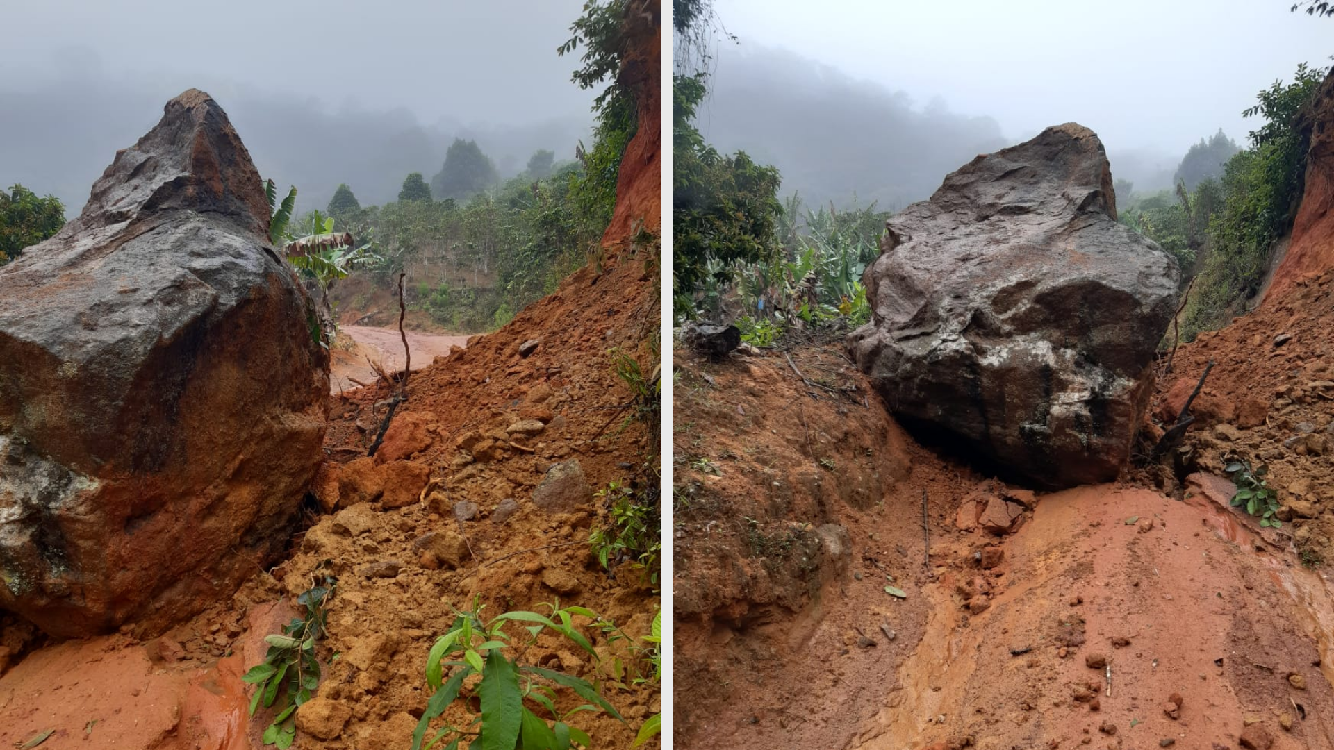 Deslizamento de terra fez rocha obstruir estrada no interior de Santa Teresa. Crédito: Defesa Civil