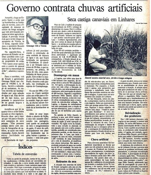 Jornal A Gazeta de agosto de 1984 sobre a chuva artificial no Norte do Espírito Santo