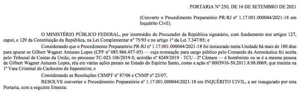 Portaria publicada pelo MPF instaurando inquérito civil contra Gilbert Wagner