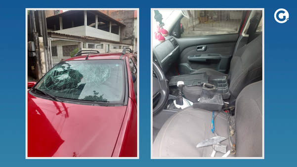 Fotos mostram o estado em que o carro da vítima ficou após as atitudes do homem de 30 anos, em Vitória