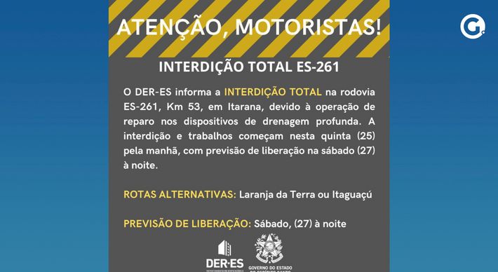 A interdição ocorrerá no km 53 da rodovia, entre o Trevo de Caldeirão e Praça Oito, desta quinta-feira (25) até sábado (27) para reparos nos dispositivos de drenagem afetados pela chuva