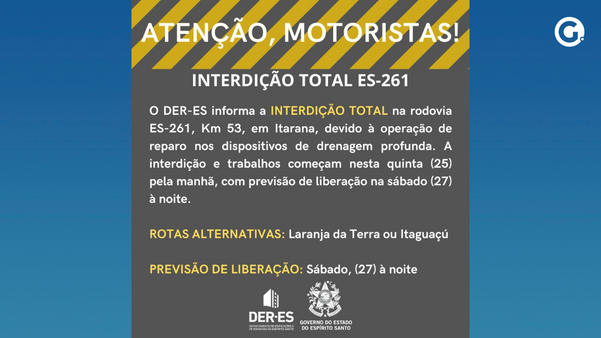 O DER-ES informa que trecho do km 53, entre o Trevo de Caldeirão e Praça Oito, fica interditado por 3 dias.