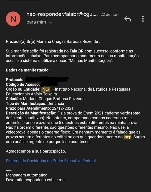 Reclamação de Mariana Rezende sobre o Enem ao Inep