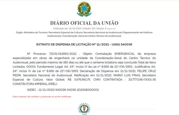 Extrato de dispensa de licitação publicado no Diário Oficial da União mostra contratação da Construtora Imperial Eireli por secretaria de Mario Frias