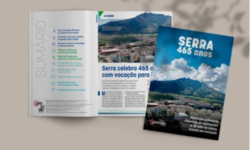 Revista Serra 465 anos traz um panorama da cidade, com suas tradições, atrativos turísticos e potencialidades econômicas. Crédito: Mockup/ Estúdio Gazeta