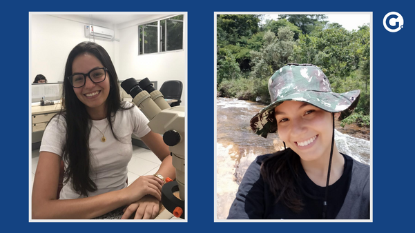 À esquerda, Thayna da Silva Raymundo no laboratório; e à esquerda, em um trabalho de campo na Cachoeira da Fumaça, em Alegre
