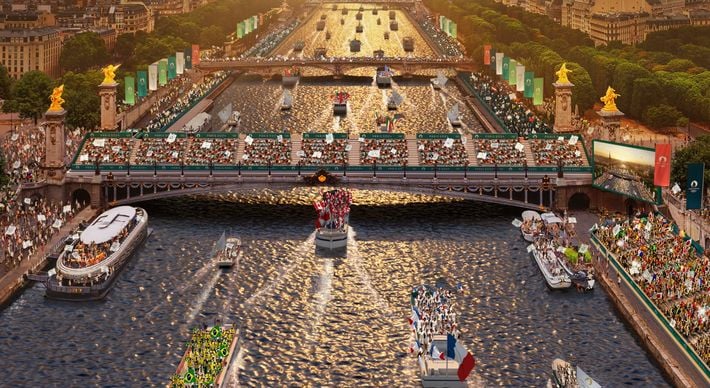 Delegações distribuídas em barcos que vão navegar no Rio Sena em direção ao pôr do sol. Organização quer promover um espetáculo único