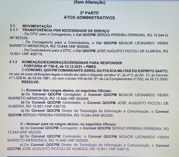 Exoneração do corregedor da PMES