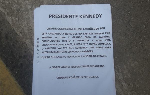 Cartaz com ameaças assusta moradores de Presidente Kennedy