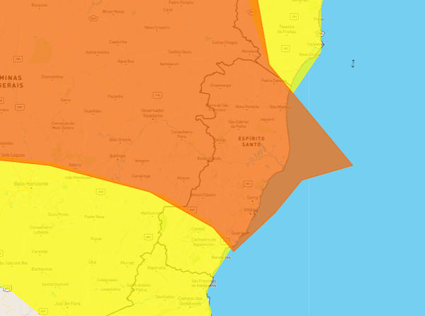 Mapa mostra as áreas do Espírito Santo sob os alertas amarelo e laranja de chuvas intensas entre este sábado (18) e domingo (19)