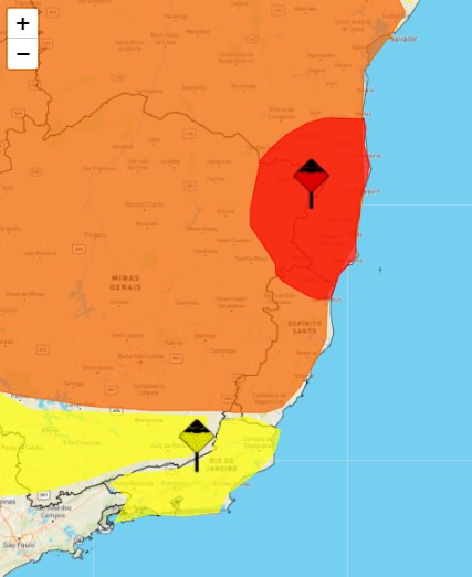 ES tem três alertas vigentes, um deles é vermelho, de grande perigo para chuva