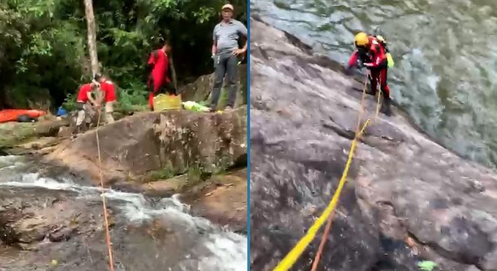 Vítima mergulhou em área proibida de cachoeira de Santa Leopoldina; resgate do corpo foi feito por equipes dos Bombeiros no início da tarde deste sábado (25)