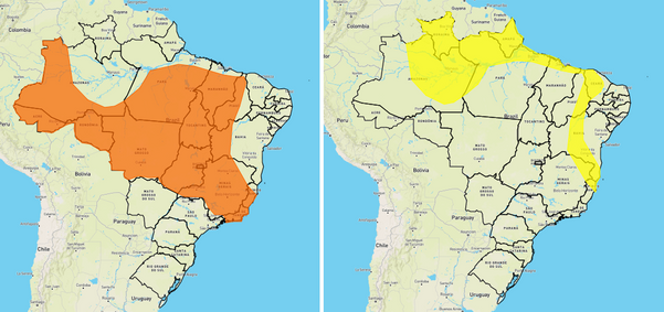 À esquerda, área abrangida pelo alerta laranja do Inmet; à direita, os Estados compreendidos no alerta amarelo