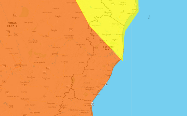 Maior parte do Espírito Santo está sob o alerta laranja de chuvas intensas; parte da Região Norte está sob o amarelo