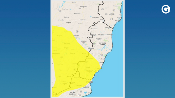 Área em amarelo está sob perigo potencial de chuvas intensas