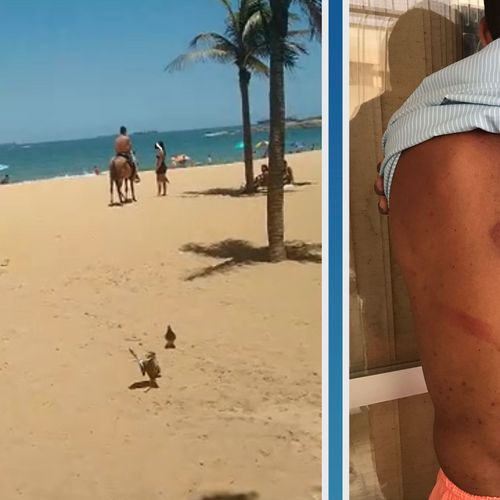 Vítima gravou presença do animal na praia na tarde de segunda-feira (17), e levou chicotadas do homem que estava montado no animal