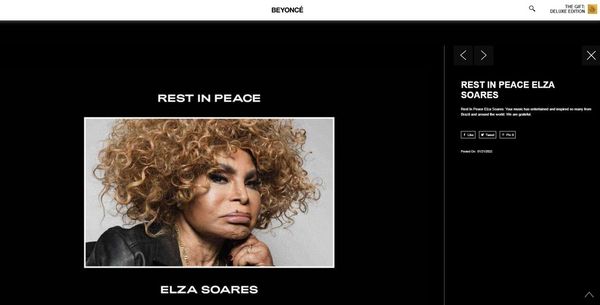 Beyoncé presta homenagem a Elza Soares em site oficial: 'Descanse em paz'