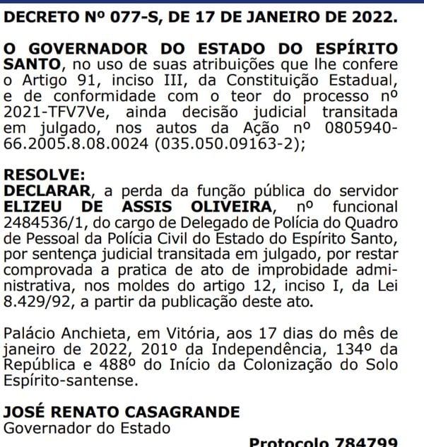 Perda de cargo do delegado foi publicada no Diário Oficial do Espírito Santo