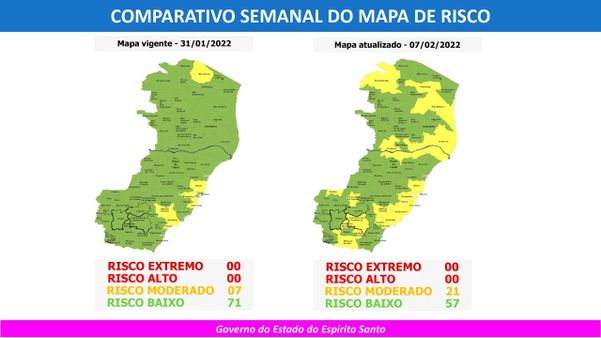 Comparação mostra que o novo mapa possui mais cidades no risco moderado para a transmissão do coronavírus
