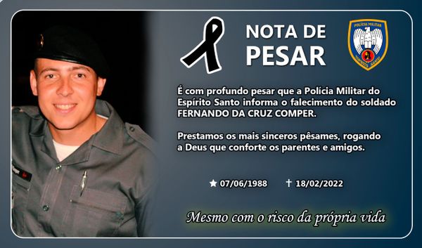 Nota de pesar divulgada pela Polícia Militar, após a morte do soldado Comper nesta sexta-feira (18)