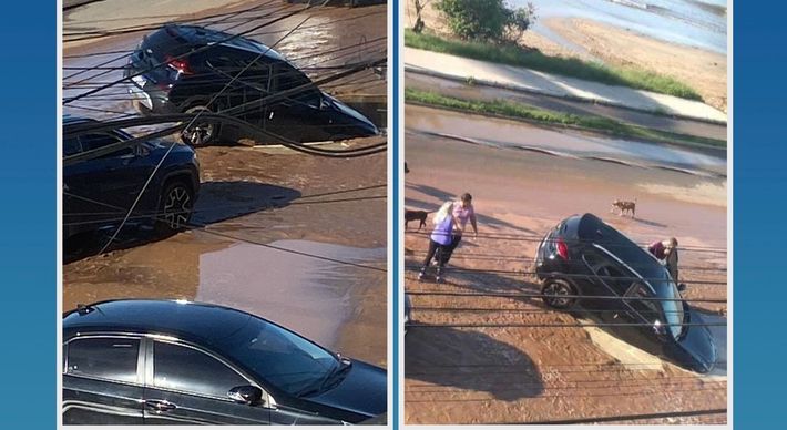 Mulher estacionava o veículo, quando caiu em um grande buraco na Avenida Beira Mar. A rua estava alagada por conta de uma vazamento de água