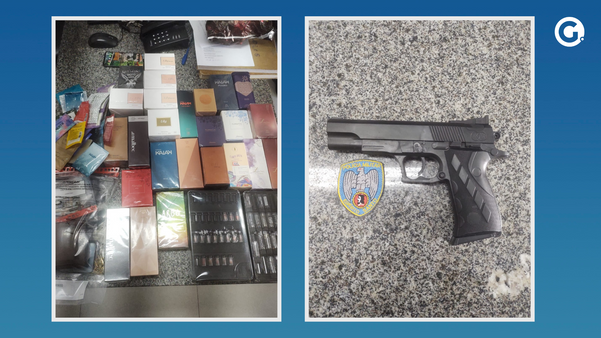 À esquerda, os produtos roubados pelo suspeito; à direita, arma falsa apreendida pela Polícia Militar