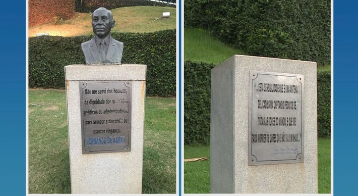Peça em bronze, que fica na Praça Jerônimo Monteiro, foi levada nesta semana. Monumento é uma homenagem ao ex-prefeito da cidade